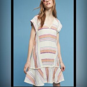 ANTHROPOLOGIE Holding Horses Elira Brown White Striped Fringe Boho Dress Size M